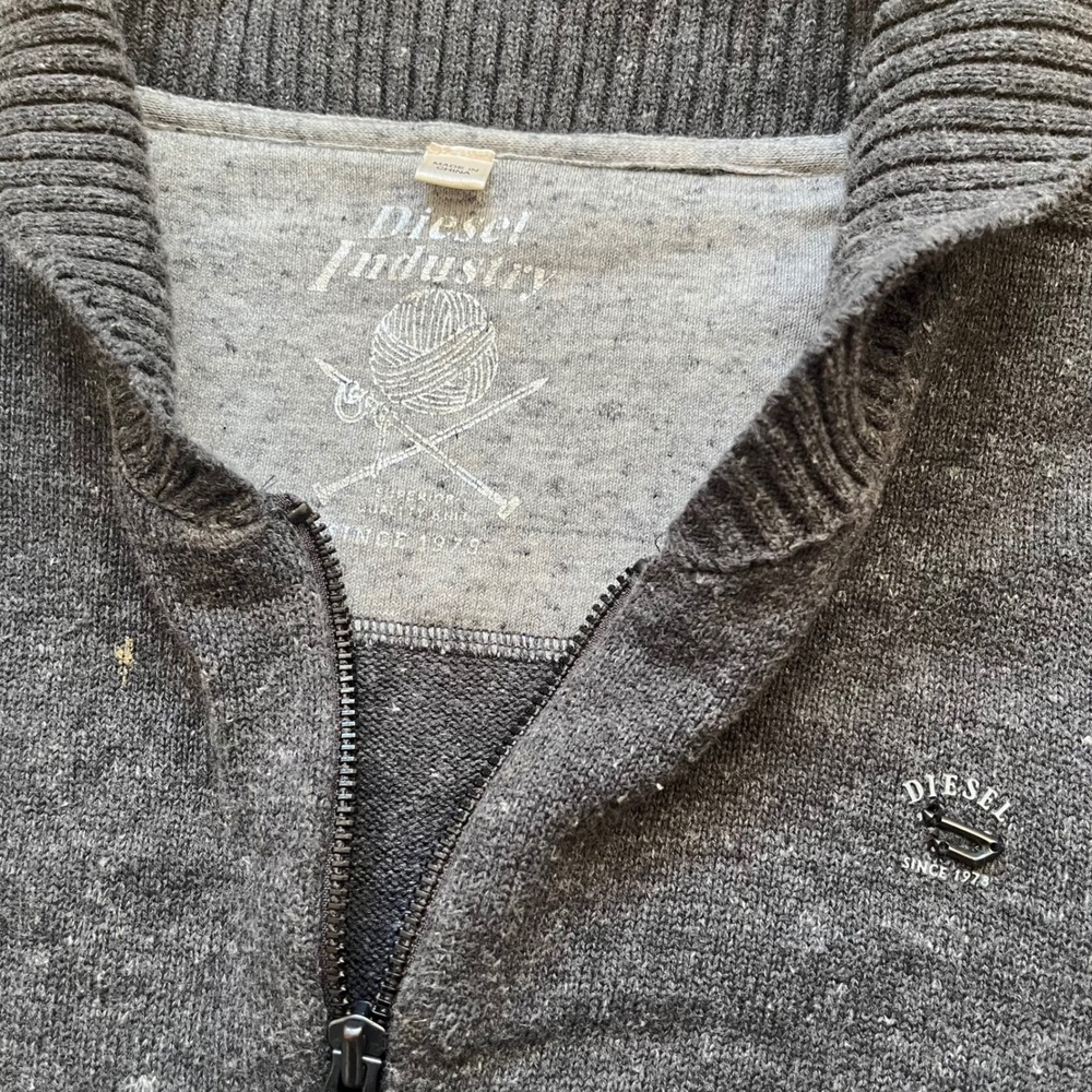 Diesel Industry Gray Knit Shawl Collar Zip Up Sweater Cardigan Men Medium Grey